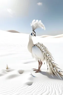 A white peacock with big white feathers in white desert sands .