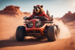 portrait of yogi bear driving highly symmetric metallic rocket propelled mad max ATV that looks like a helmet with rounded glass bubble roof in red desert, bokeh like f/0.8, tilt-shift lens 8k, high detail, smooth render, down-light, unreal engine, prize winning