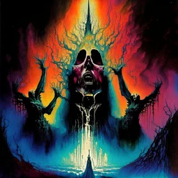 Choirs of the underworld, Hell's mighty wrath Speaking in tongues, creepy eldritch aesthetic. violent colors, By Gyorgy Kepes, by Zdzislaw Beksinski and Lisa Frank, ink and watercolor illustration, creepy, eerie, scary, opulent shadows, gritty, by John Stephens, dramatic, expansive, religious symbols