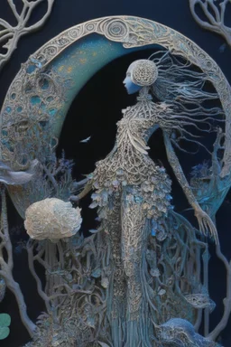 Artwork entitled "Skull Moon Pond Goddess " depicts a partially skeletonized Pond Goddess wearing a gown made from detailed quilling consisting of feathers, foliage, fish scales, flowers, and gemstones appearing inside an archway of quilling growing around her and the skull moon; insanely detailed; quilling; elegant, fantasy, rose tones, beautiful, rapturous