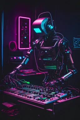 robot playing modular synthesizer in a dark neon room