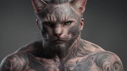 cat man, fine rendering, high detail, 8K, man, tattoos, wool,