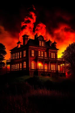 a haunted mansion is engulfed in flames in the middle of the night. the mansion burns with an unnatural brightness. the mansion sits atop a craggy hill.