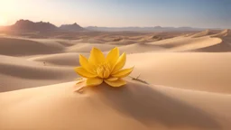 photorealistic, a beatuiful yellow succulent in the middle of the dessert is seen in the middle of the frame, in the background you can see sand dunes and on the left side a sand rock formation, apart from the one succulent there are no other plants around, the sun is slowly setting and the sky is clear