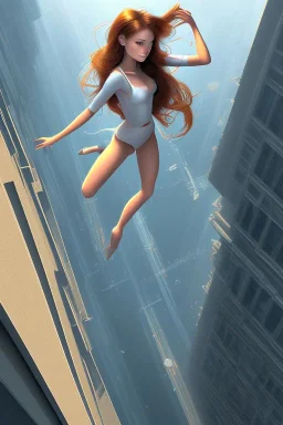 Girl falling off a building, top view, long hair, cute, beautiful