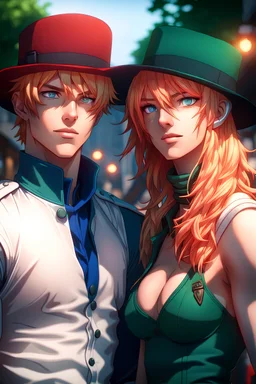 Two persons, brothers of the one blood, nightlife, also afternoon, when in the summertime, 8K resolution, high quality, ultra graphics, and detailed with lines.,<lora:handsomeDetailedEyes_v10:0.5>,blue eyes, blonde hair, red hair, streaked hair, gloves, hat, green gloves, lilac headwear, ahoge, gray gloves, ascot, lavender headwear, frills