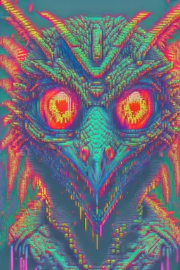 Reptile angel, shiny red eyes, scary, barf art, highly detailed pixel art, scifi, retro, neon fluorescent aura, extreme attention to details, exaggerated, strange