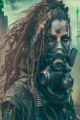 front facing full length grunge armored female, dreadlock hair cyberpunk vampire mercenary with gas mask, telecommunications unit, highly detailed with gritty post apocalyptic textures, toxic irradiated landscape, finely detailed facial features, photorealistic 8k render