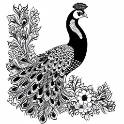 white, A peacock white flower decoration, line art, white background, outline, with images neatly contained within the background, just black and white color, full body, no color. Looking front , front view, 8k