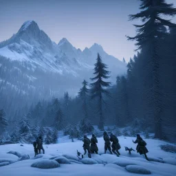 Five people hunting in a snowy forest, sense of fear, mountain hut in the background, Alps, night, 8k, HD, cinematography, photorealistic, Cinematic, Color Grading, Ultra-Wide Angle, Depth of Field, hyper-detailed, beautifully color-coded, insane details, intricate details, beautifully color graded, Cinematic, Color Grading, Editorial Photography, Depth of Field, DOF, Tilt Blur, White Balance, 32k, Super-Resolution, Megapixel, ProPhoto RGB, VR, Halfrear Lighting, Backlight, Natural Lighting