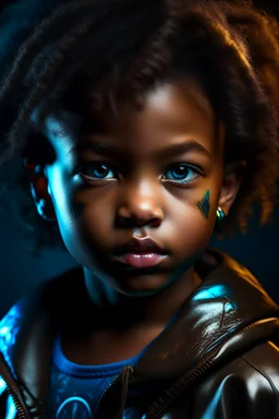 African black girl 5 years old. Afro. Pretty long face. Intense look. Glowing eyes. Makeup. Photorealistic. Real light. Retrofuture. Hip hop. Black panther. Textile texture Detail. Leather jacket iridescent. Eyeliner. Guettoblaster. Real reflection.