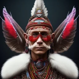 Maya tribal shaman , three red feathers headband, holding spear