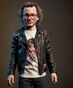 Heath ledger toddler, full body, sneaker, leather jacket, floral shirt, soft skin, dramatic lighting, hyper realistic