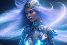  beautiful cosmic woman with blu color skin, long hair, nice smiling, magic glamour make up, delicate colors, beautiful glamour galactique dress, ultra sharp focus, 8k, unreal engine 5, extremely sharp detail, light effect, soft light atmosphere of a spaceship, smooth, full of details, face in front, complete vision of face and hair and body