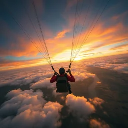 Create a picturesque scene from the POV of the parachute jumper soaring through the sky. Below, translucent clouds float gently, and vibrant, colors skies blend with shades of orange and gold at sunset. In the distance, a stunning landscape unfolds, featuring river and patches of green and gold, bathed in the warm light of the setting sun.