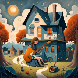 a painting of a house with a woman playing a guitar, a storybook illustration by Endre Bálint, behance contest winner, magic realism, storybook illustration, whimsical, detailed painting