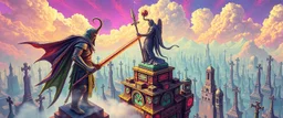 Epic portrait of most holy paladin vs demi-lich in tower cemetery in the style of Giger and Escher in Transparent Psychedelic Fluorescent Colors looking like a Record Cover, multidimensional depth of field, airbrush pen outline, on top of tower, seen from the clouds