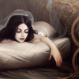 woman asleep on satin pillow with spiderwebs on face and mascara running down cheeks, gothic, 8k, high-quality, fine-detail, intricate, sharp, crisp, digital art, detailed matte, illustration, octane render, brian froud, howard lyon, Anne Dittman, Anne Stokes, Lisa Parker, Selina French