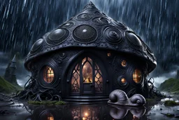 little dark witch fairy sleeps in her stunning lacy-onix gothic snail house, storm, rain, volumetric light, dark colors, rain drops, dark tendrils in background, fantasy, scifi, dark fantasy , dark stunning mood intricate details, beautifully shot, hyperrealistic, sharp focus, 64 megapixels, perfect composition