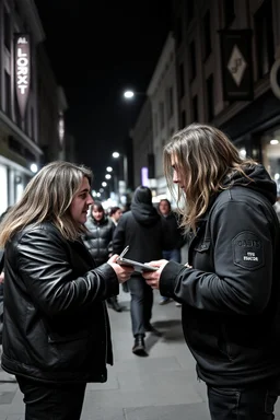 A stalker wants an autograph from a long-haired rock musician on a street in central London. The stalker is an overweight 25-year-old and looks a bit slimy, the atmosphere is oppressive and unpleasant