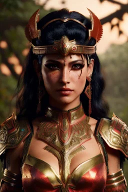Amazon warrior, waist up portrait, 8k resolution, intricate details, ornate details, soft lighting, vibrant colors, retroanime, masterpiece, intricate eyeliner, dark eyeshadow, eyes, wild hair, intricate tattoos