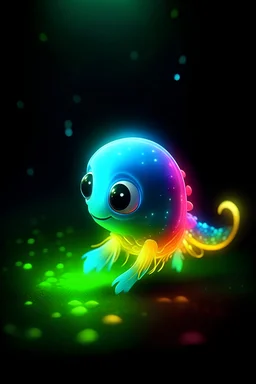 Cartoon Underwater bioluminescent cute tiny rainbow creature, macro art
