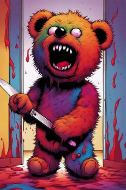 A maniacally laughing psycho evil teddy bear holding a knife, his one eyeball (made of a button and thread) hangs down his furry face, creepy, nightmarish, scary and surreal, the background is a bloody hallway erupted with bright multi-color flames, animatronic, cartoonist, absurdist, exaggerated, character design, horror cut v.I, horror art, five nights at Freddy, similar art to chucky, garbage art, graphic novel illustration style, videogame art, post modern cartoon, trending on artstation, Ka