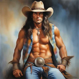 Conan the Barbarian wearing a long-sleeved plaid shirt, blue jeans, cowboy boots, and a cowboy hat, dark, multicolored watercolor stained wall in the background, oil painting in the art style of Boris Vallejo, 32k UHD, Hyper realistic, photorealistic, realistic, sharp, highly detailed, professional quality, beautiful, awesome, majestic, superb, trending on artstation