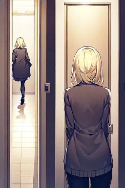 blonde girl with jacket runs in a corridor, back view, line arts, manga style