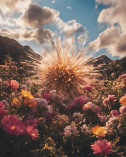 Atomic explosion, made of flowers, ULTRA REALISTIC, details, intricate detail, professional lighting, film lighting, 35mm, anamorphic, lightroom, cinematography, bokeh, lens flare, film grain, hdr10, 8k, Roger Deakins, incredibly detailed, reflect, sharpen