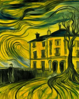 A yellow haunted mansion in a thunderstorm painted by Edvard Munch