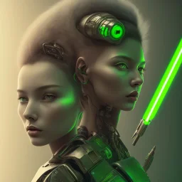 A beautiful portrait of a single minded cute cyberpunk woman, a short wolf haircut lime green color scheme, high key lighting, volumetric light high details with a lizard like alien with feathers and claws, 3/4 torso. Portrait with a light saber and single solid chestplate