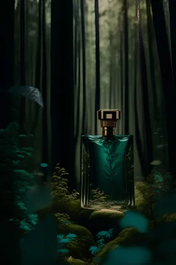 generate me an aesthetic photo of perfumes for Perfume Bottles in a Forest Clearing