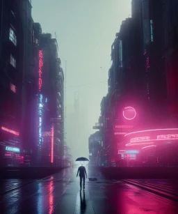 circular white moon, 3D, beautiful, light reflecting, empty city, midnight, rainy night, neon, cyberpunk, person walking