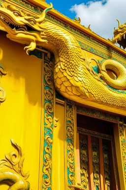A golden yellow temple with a mythical dragon designed in ancient Egyptian pottery painted by Salvador Dali