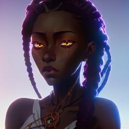 Beautiful Black woman with long braids, Anime Key Visual, Deep Color, Intricate, 8k resolution concept art, Natural Lighting, Beautiful Composition head and shoulders portrait, 8k resolution concept art portrait by Kentaro Miura, Alphonse Mucha dynamic lighting hyperdetailed intricately detailed Splash art