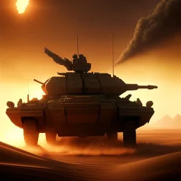 volumetric dramatic desert Battle scene with futuristic hovering military armored Hovercraft tank painted by chris foss, floating, 4k, 8k, Minutiae, highly detailed, rivets, pennantS, hovering, stripes, sunset [duststorm, nimbus clouds]