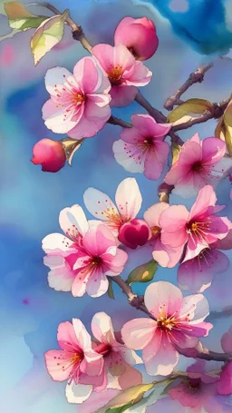 Blooming cherry flowers, watercolor, watercolor painting, beautiful flowers, spring, beautiful painting, sky