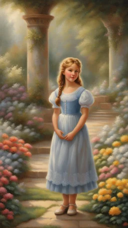 Masterpiece, best quality, Thomas Kinkade style painting of a portrait of a girl in the garden, painted by Thomas Kinkade