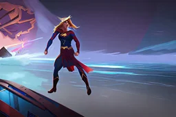 Supergirl smashing throught the hull of a sea ship.