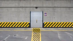 wall design for parking garage, concrete, yellow marking lines, hazard lines, weathering and water stains, realistic steel doors in middle with a sign is above. rough painted hashmarks and parking lines, add signage found in a parking garage.