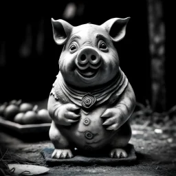 a statuette of a man-pig cult greyscale photo