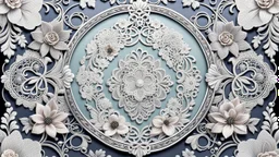 combination of different vintage lace with floral and plants ornament silver metallic threads circles and bubbles, pastel colors lacy border unique elegant, high detailed, sharp focuses, photorealistic, masterpiece