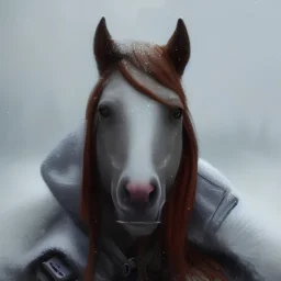 Cyberpunk Portrait of cyborg horse with brown hair and with cute face, north pole snowy vibe , perfect composition, hyperrealistic, super detailed, 8k, high quality, trending art, trending on artstation, sharp focus, studio photo, intricate details, highly detailed, by greg rutkowski