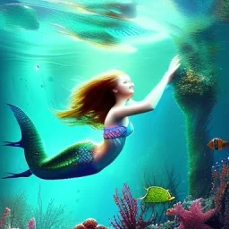 photo of an extremely cute sadie sink as mermaid swimming an alien habitable underwater planet, coral reefs, dream-like atmosphere, water, plants, peaceful, serenity, calm ocean, tansparent water, reefs, fish, coral, inner peace, awareness, silence, nature, evolution