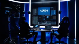 a human silhouette sits in a black film producer's chair in a futuristic studio, the inscription capture white sharp word text on the back of the chair "Atti", around and front many big hd monitors with prompts cods, blue lines, blue neon light, windows, Professional photography, canon lens, shot on dslr 64 megapixels, sharp, cinematic