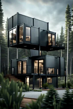 Medium sized, modern house in the woods made from shipping containers, photorealistic
