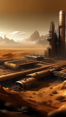 small sci fi city, beautiful, induistrial, arid landscape