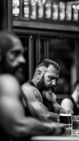 portrait photography, beers on tables at pub, with many 53 years old stocky chubby burly bearded bikers sleeping shirtless, High quality realistic photo, 35mm lens, photorealistic, top light, view from the ground, ambient occlusion