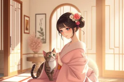 ukiyo-e, 3D characters, an elegant pretty young woman in an elegant beige-white-brown room S<AI in sunshine, cute tabby cat